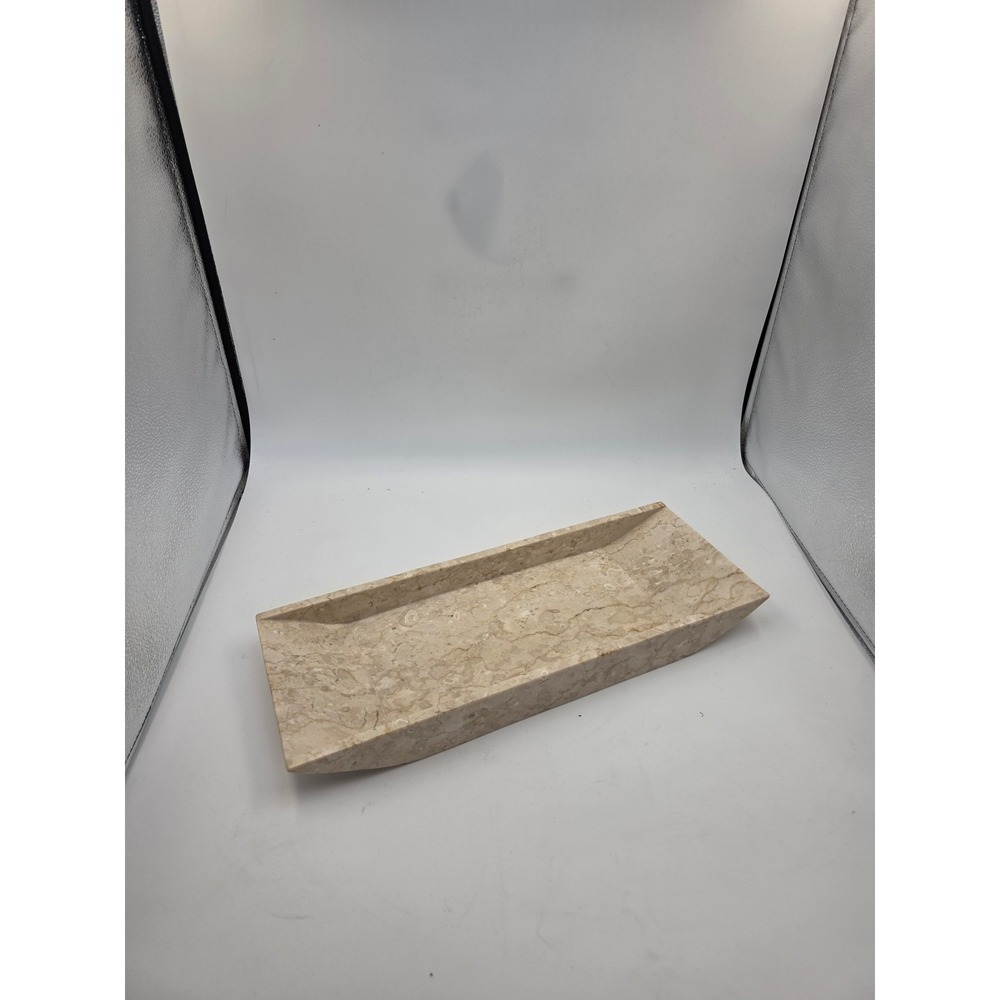Natural Beige Marble Vanity Tray Rectangular Fossil Stone Decorative Dish 16in